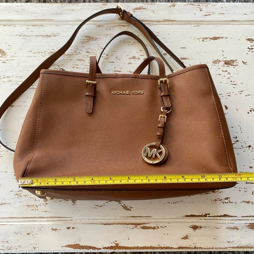 Michael Kors Brown Tan Gold Tote Shoulder Bag Purse with Crossbody Strap - Picture 5 of 16